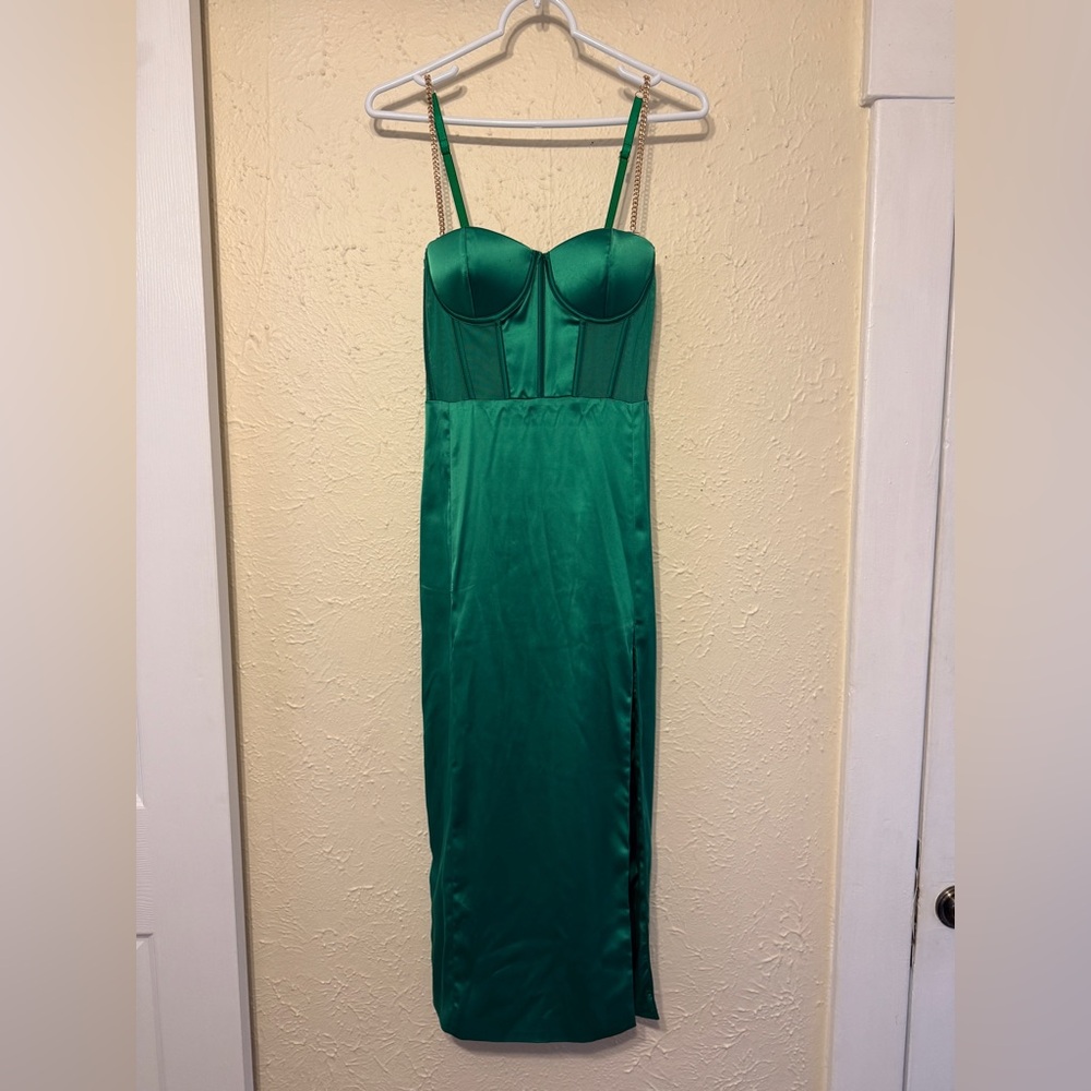 Meshki Strapless Green Satin Dress